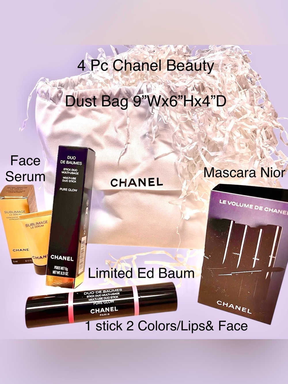 4Pc CHANEL Duo De Baumes Multi-Use Stick008/Dust Bag/Mascara/Sublimage Surum NIB